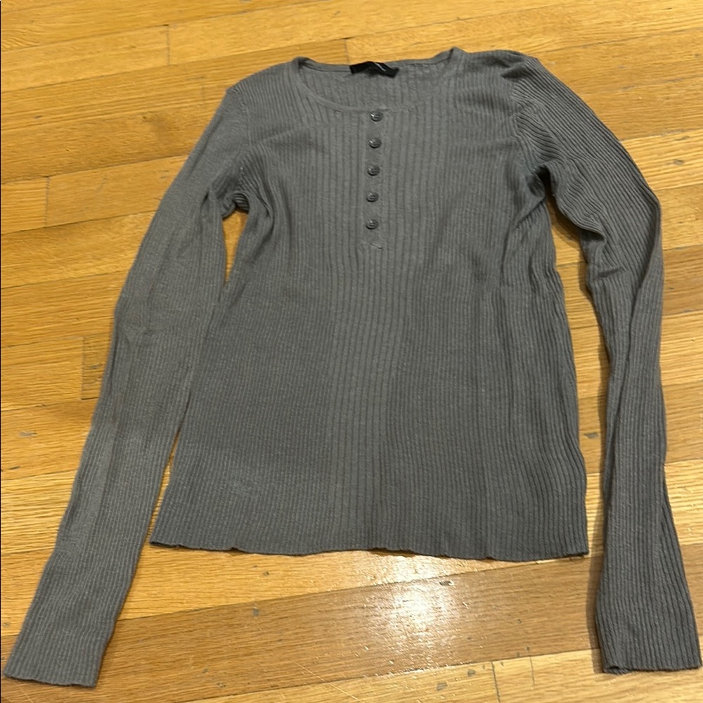 Olivaceous Gray Blue Ribbed Buttoned Blouse
